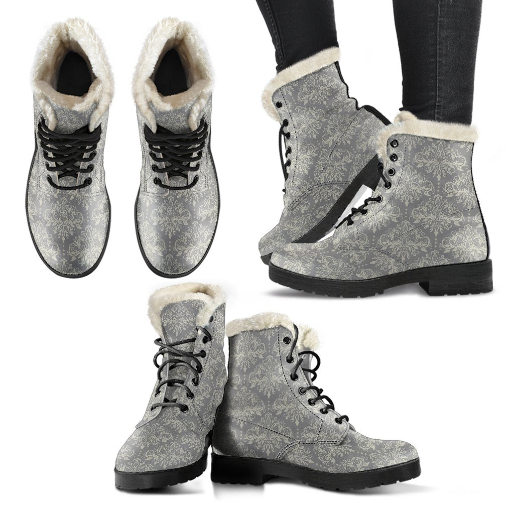 Damask Grey Elegant Print Pattern Faux Fur Leather Boots-JTAMIGO.COM