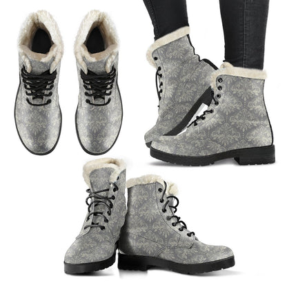 Damask Grey Elegant Print Pattern Faux Fur Leather Boots-JTAMIGO.COM