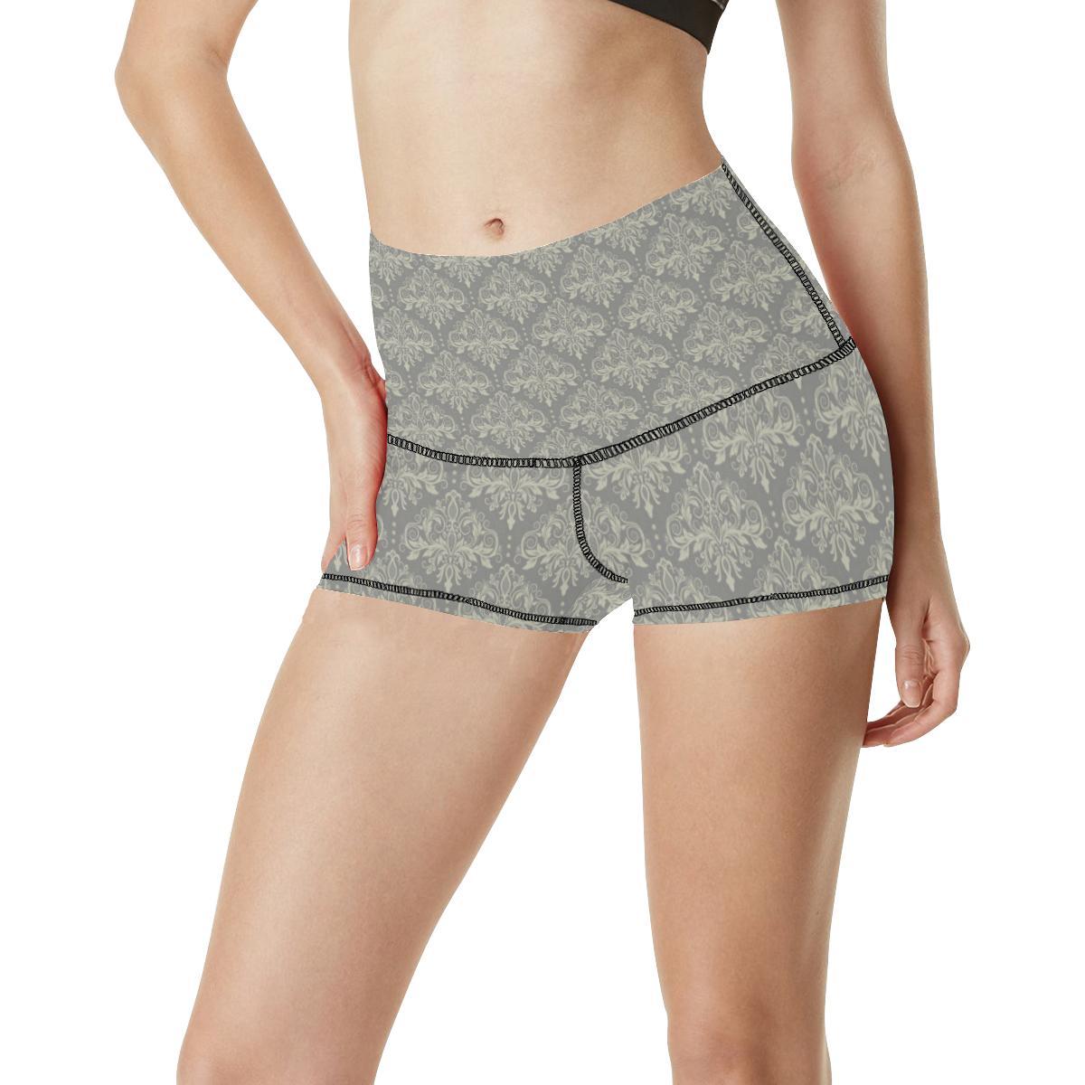 Damask Grey Elegant Print Pattern High Waisted Spandex Shorts-JTAMIGO.COM