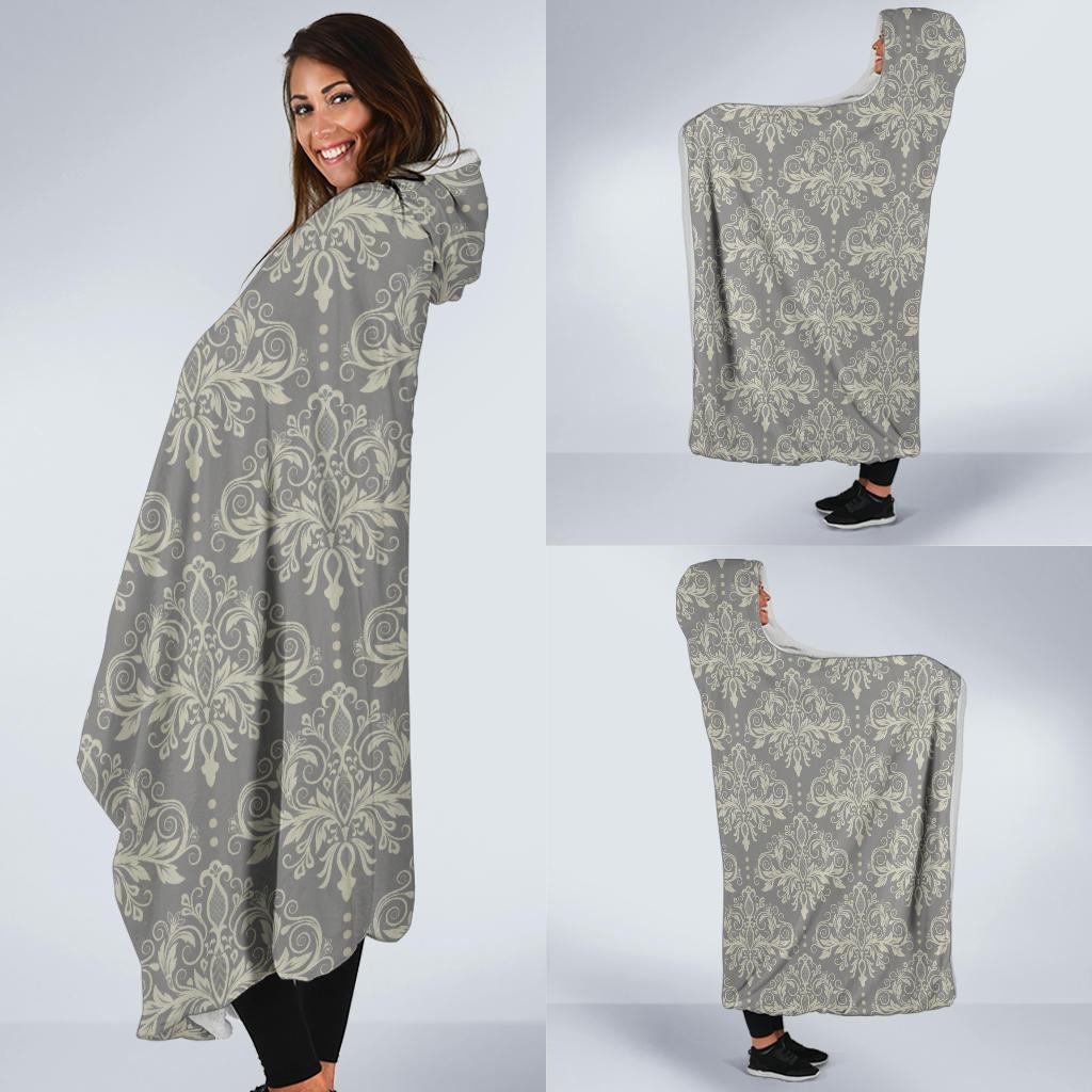 Damask Grey Elegant Print Pattern Hooded Blanket-JTAMIGO.COM
