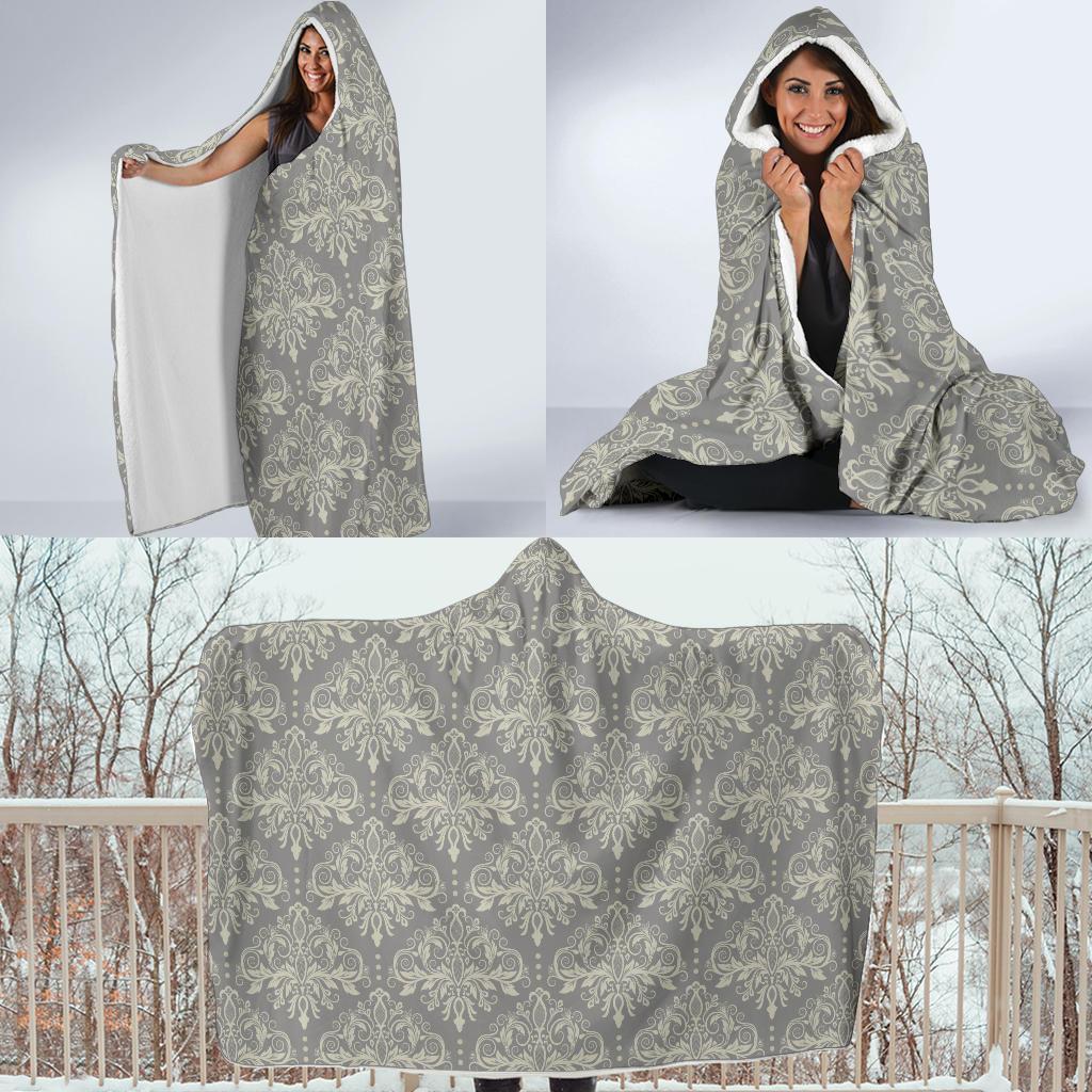 Damask Grey Elegant Print Pattern Hooded Blanket-JTAMIGO.COM