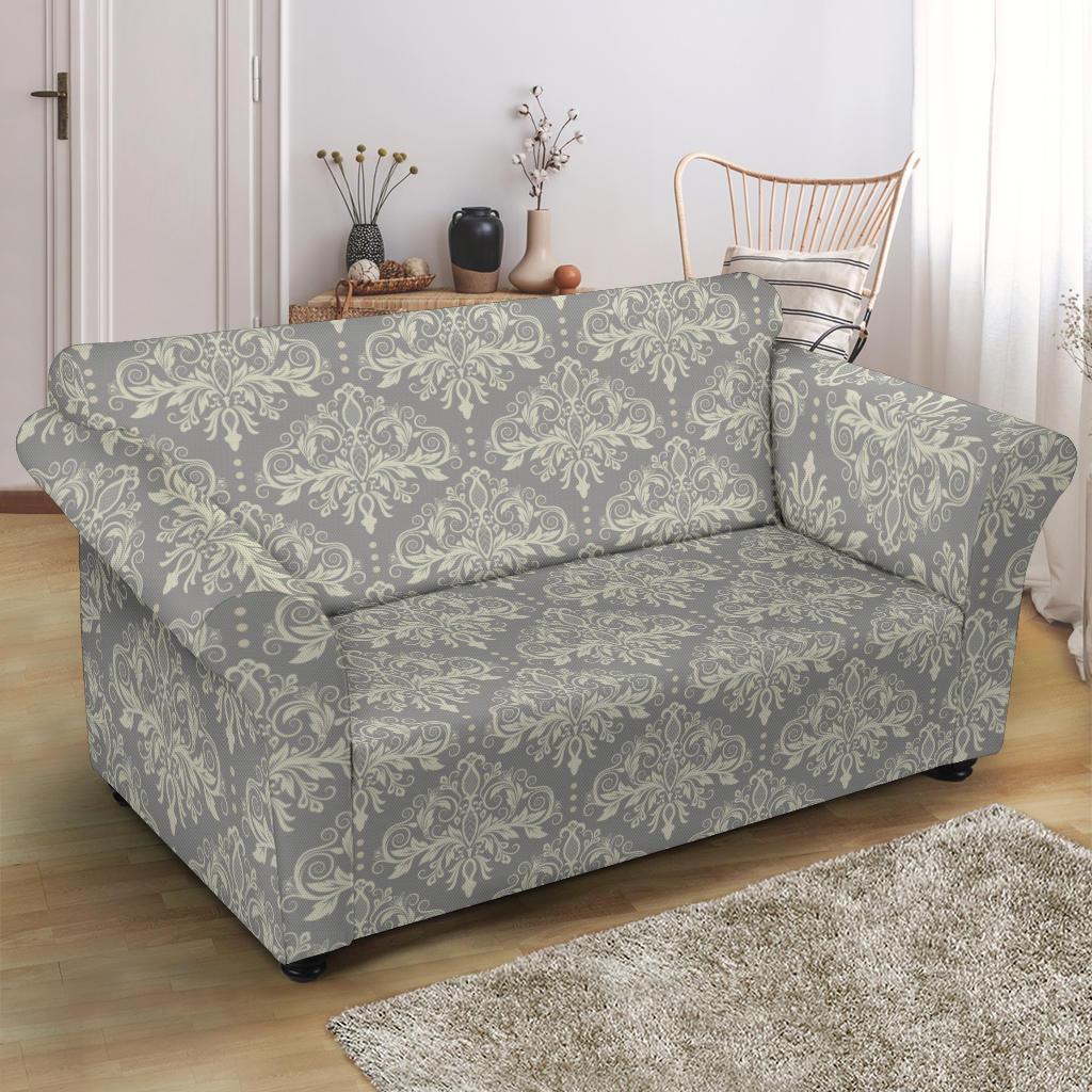 Damask Grey Elegant Print Pattern Loveseat Slipcover-JTAMIGO.COM