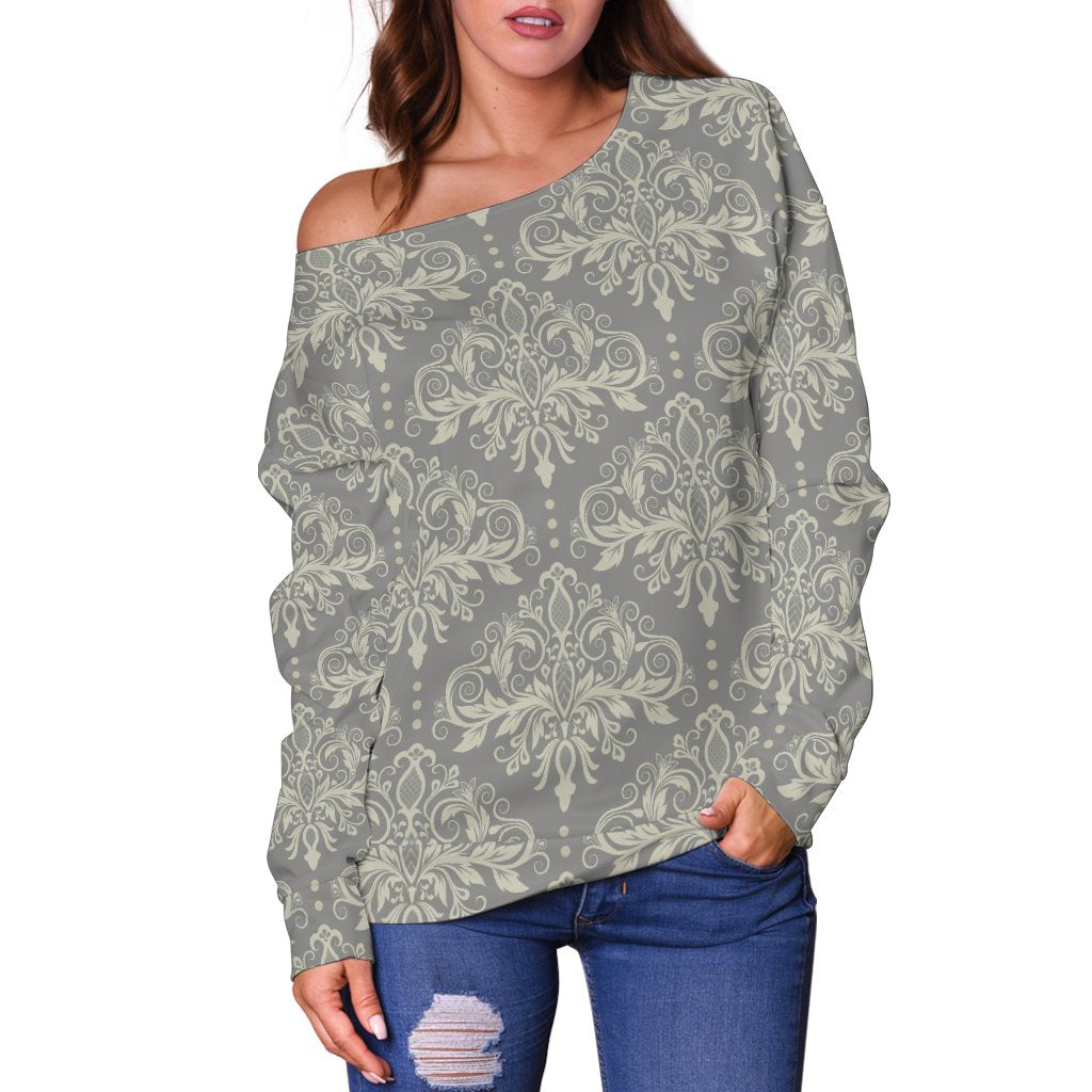 Damask Grey Elegant Print Pattern Off Shoulder Sweatshirt