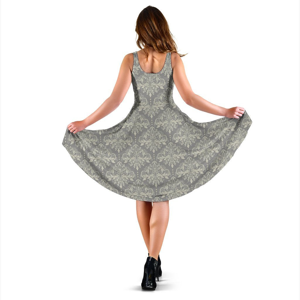 Damask Grey Elegant Print Pattern Sleeveless Dress