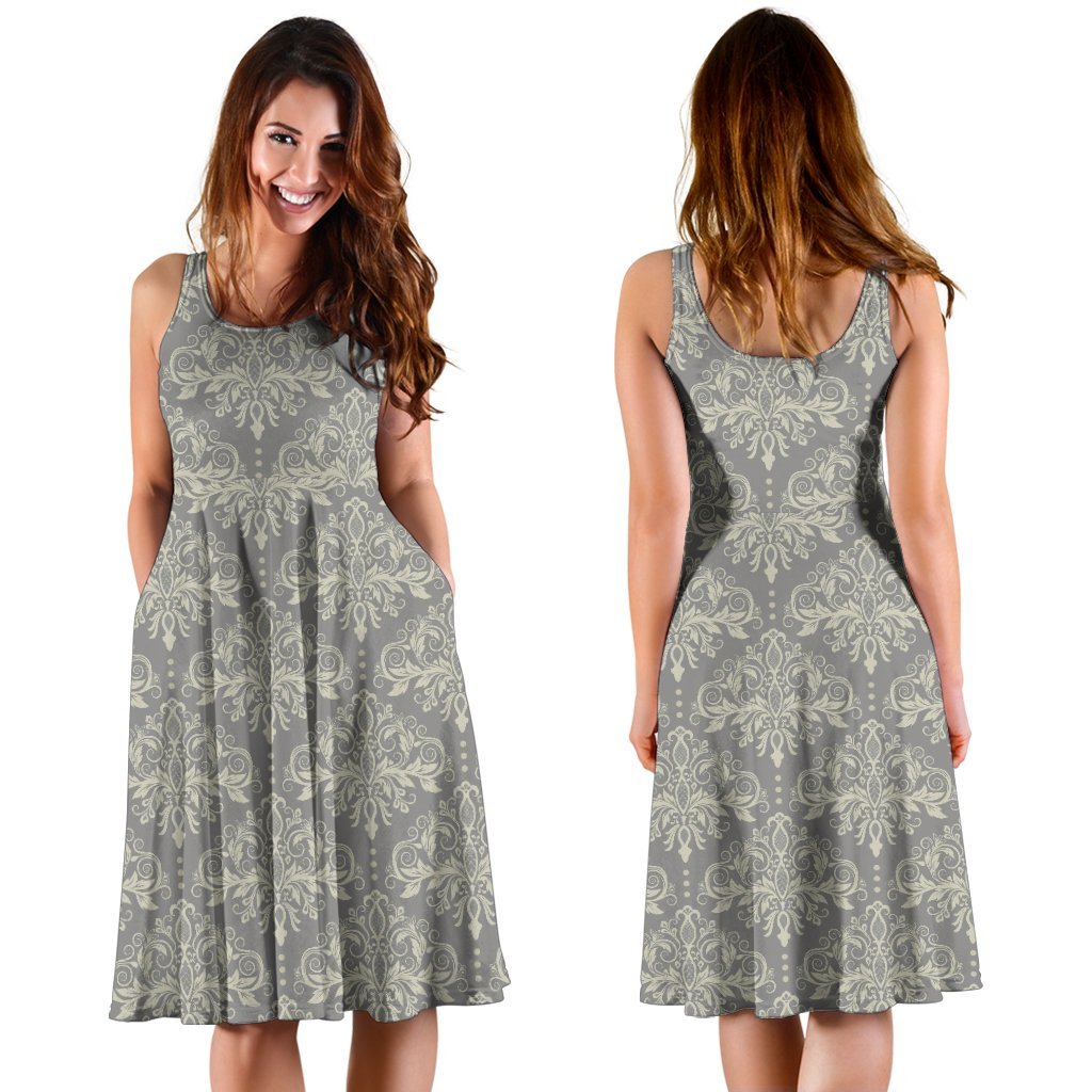 Damask Grey Elegant Print Pattern Sleeveless Dress