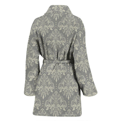 Damask Grey Elegant Print Pattern Women Bath Robe-JTAMIGO.COM