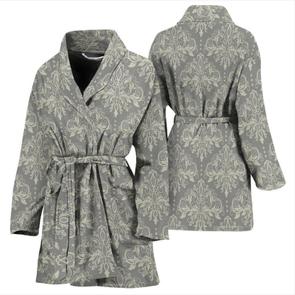 Damask Grey Elegant Print Pattern Women Bath Robe-JTAMIGO.COM