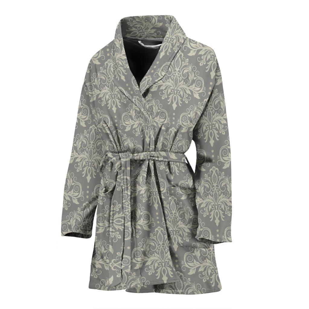 Damask Grey Elegant Print Pattern Women Bath Robe-JTAMIGO.COM