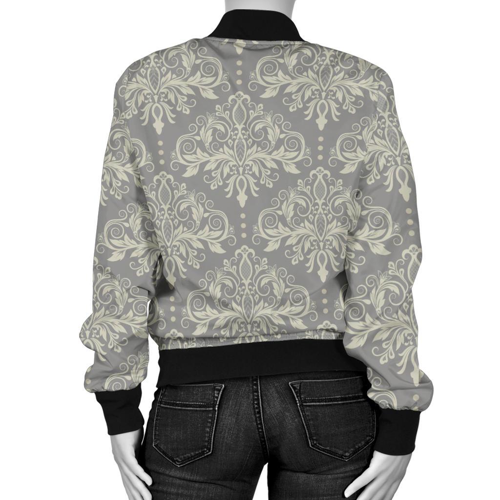 Damask Grey Elegant Print Pattern Women Casual Bomber Jacket