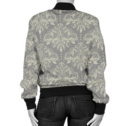 Damask Grey Elegant Print Pattern Women Casual Bomber Jacket