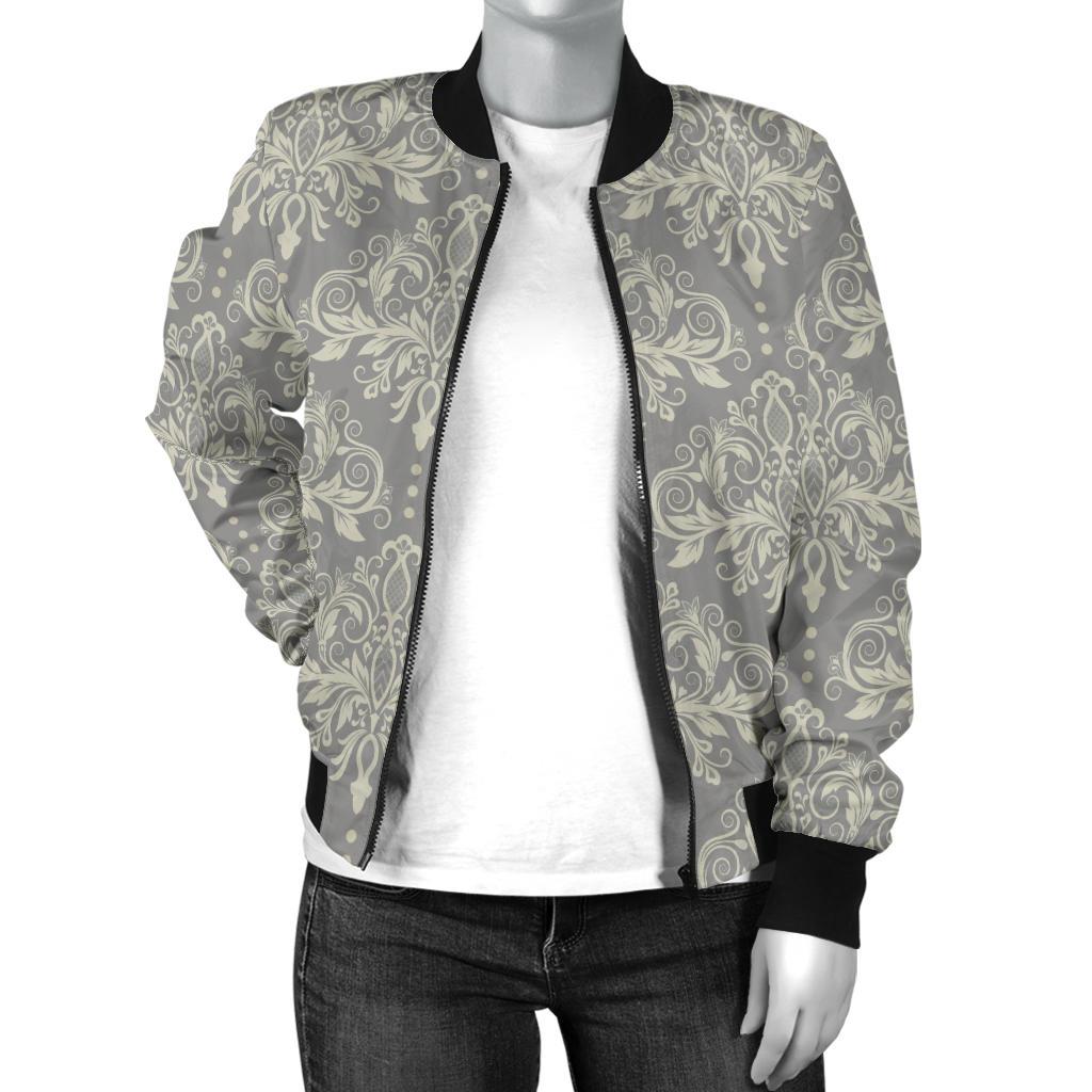 Damask Grey Elegant Print Pattern Women Casual Bomber Jacket