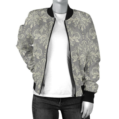 Damask Grey Elegant Print Pattern Women Casual Bomber Jacket