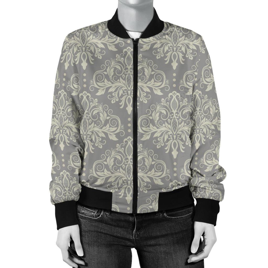 Damask Grey Elegant Print Pattern Women Casual Bomber Jacket