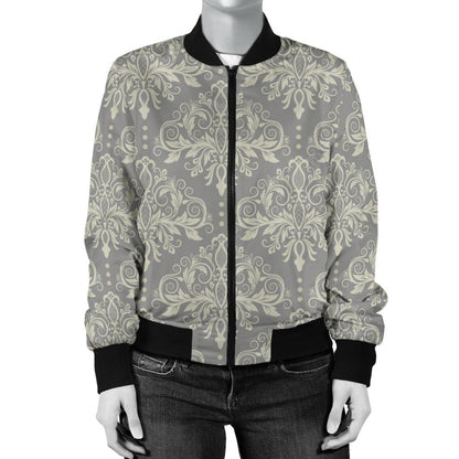 Damask Grey Elegant Print Pattern Women Casual Bomber Jacket