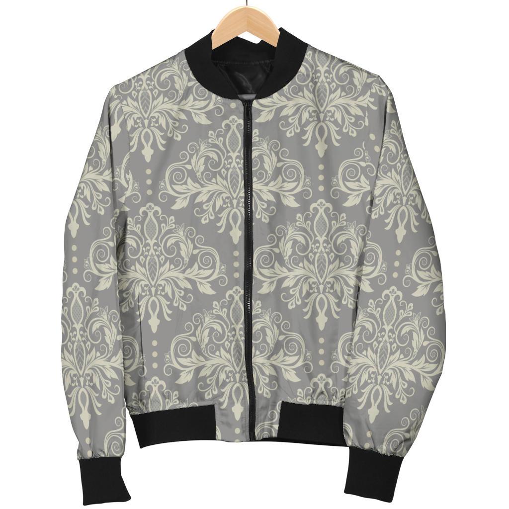 Damask Grey Elegant Print Pattern Women Casual Bomber Jacket