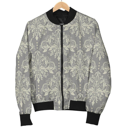 Damask Grey Elegant Print Pattern Women Casual Bomber Jacket