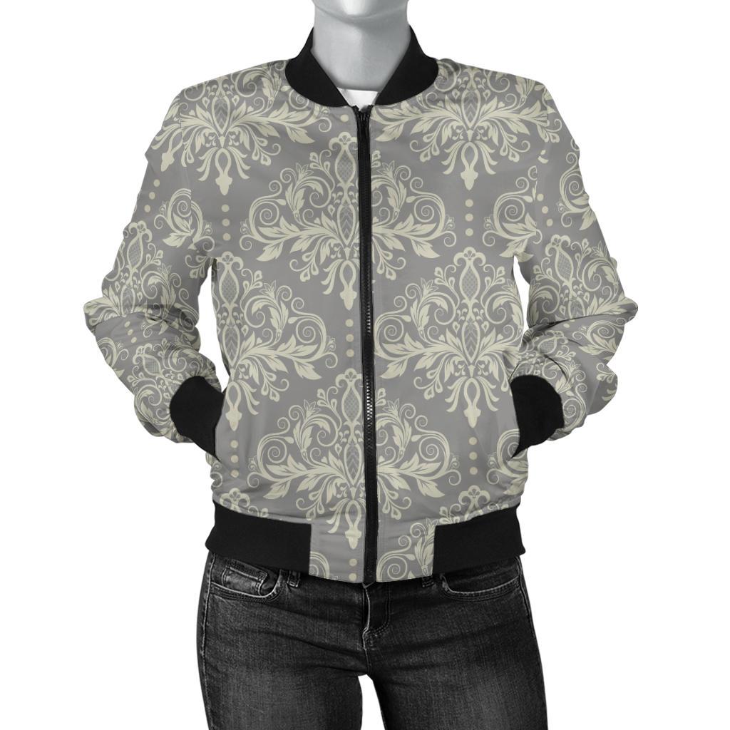 Damask Grey Elegant Print Pattern Women Casual Bomber Jacket