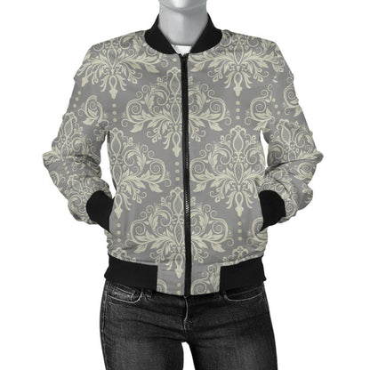 Damask Grey Elegant Print Pattern Women Casual Bomber Jacket