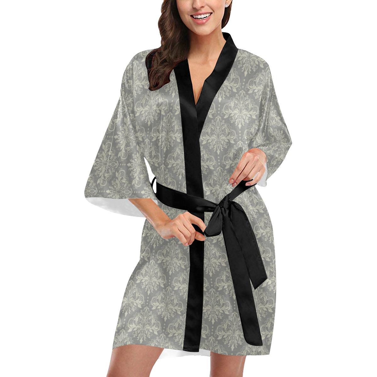 Damask Grey Elegant Print Pattern Women Short Kimono Robe