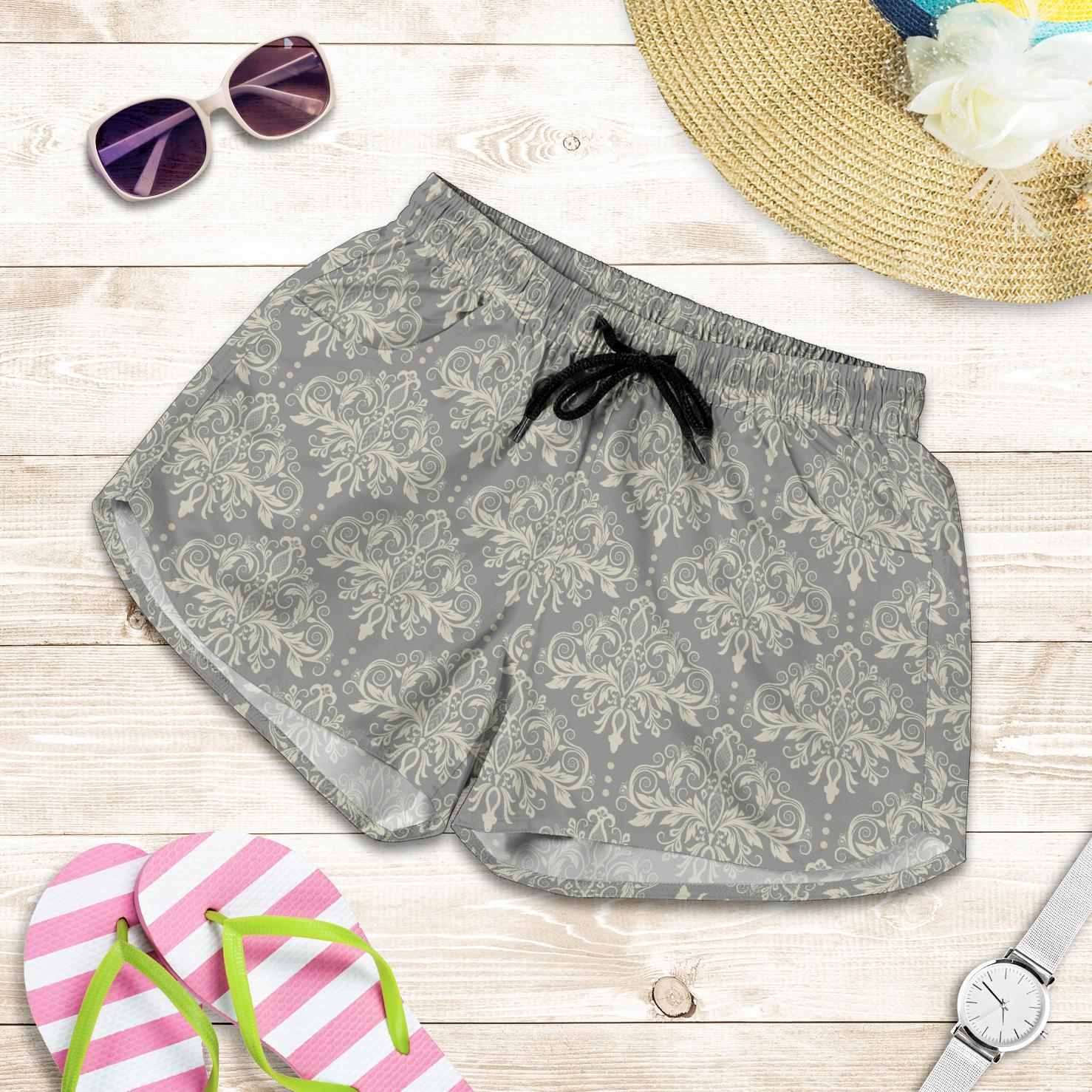 Damask Grey Elegant Print Pattern Women Shorts-JTAMIGO.COM
