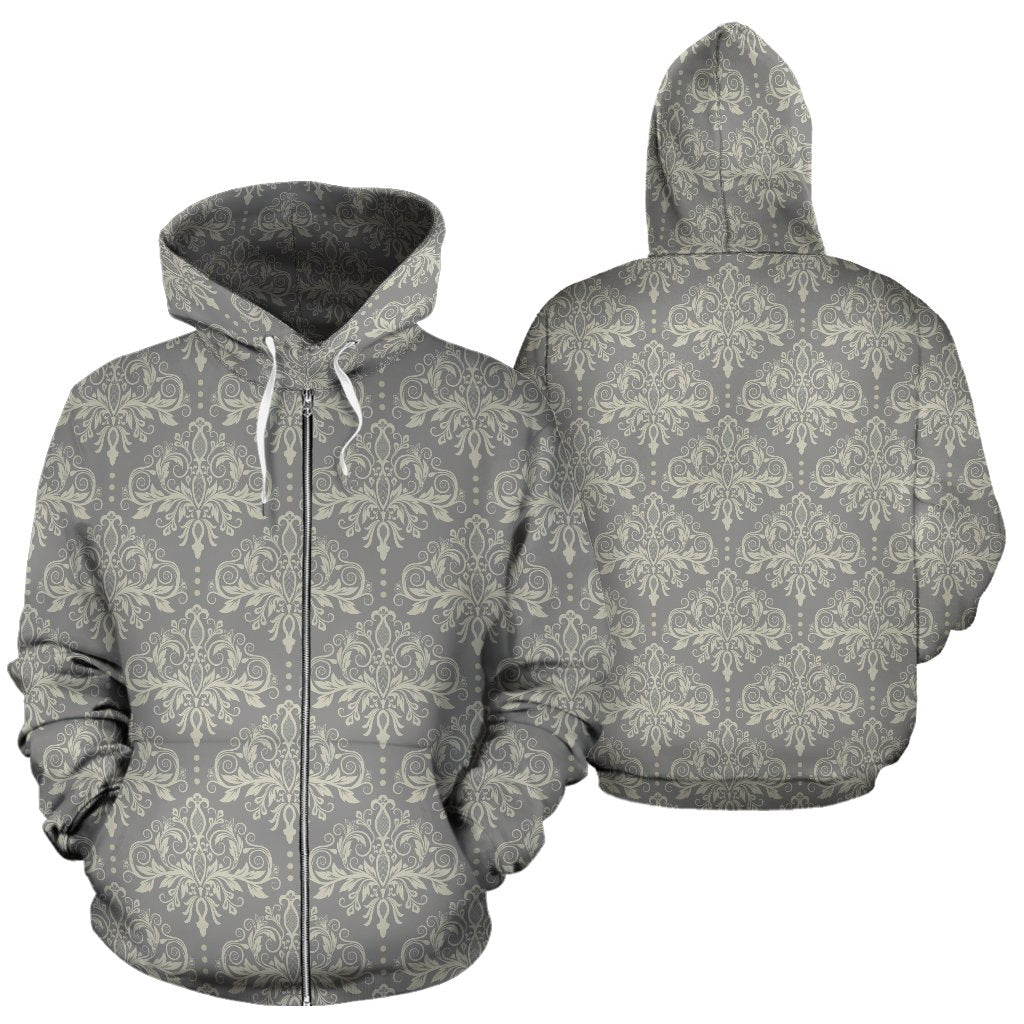 Damask Grey Elegant Print Pattern Zip Up Hoodie