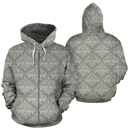 Damask Grey Elegant Print Pattern Zip Up Hoodie