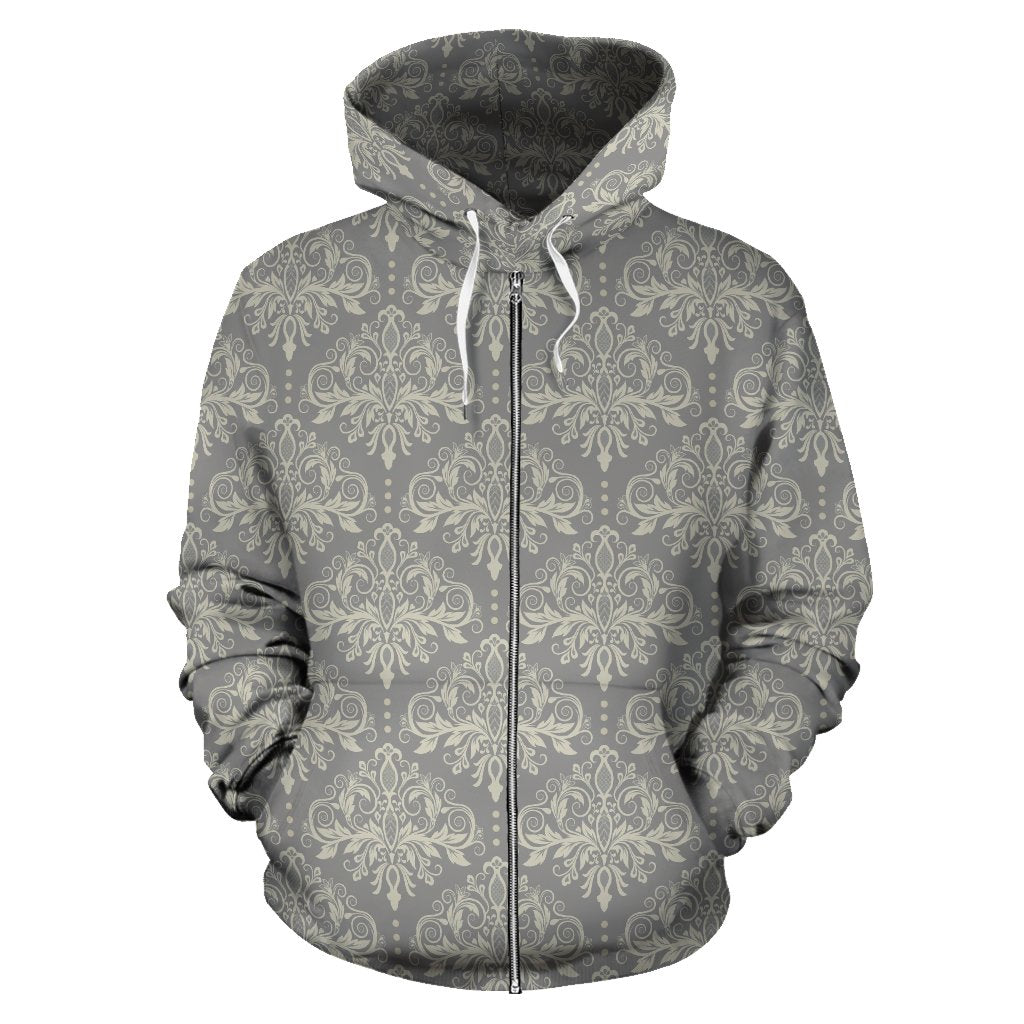 Damask Grey Elegant Print Pattern Zip Up Hoodie