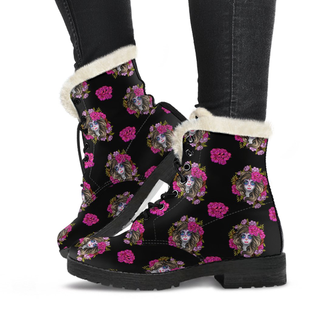 Day of the Dead Makeup Girl Faux Fur Leather Boots-JTAMIGO.COM