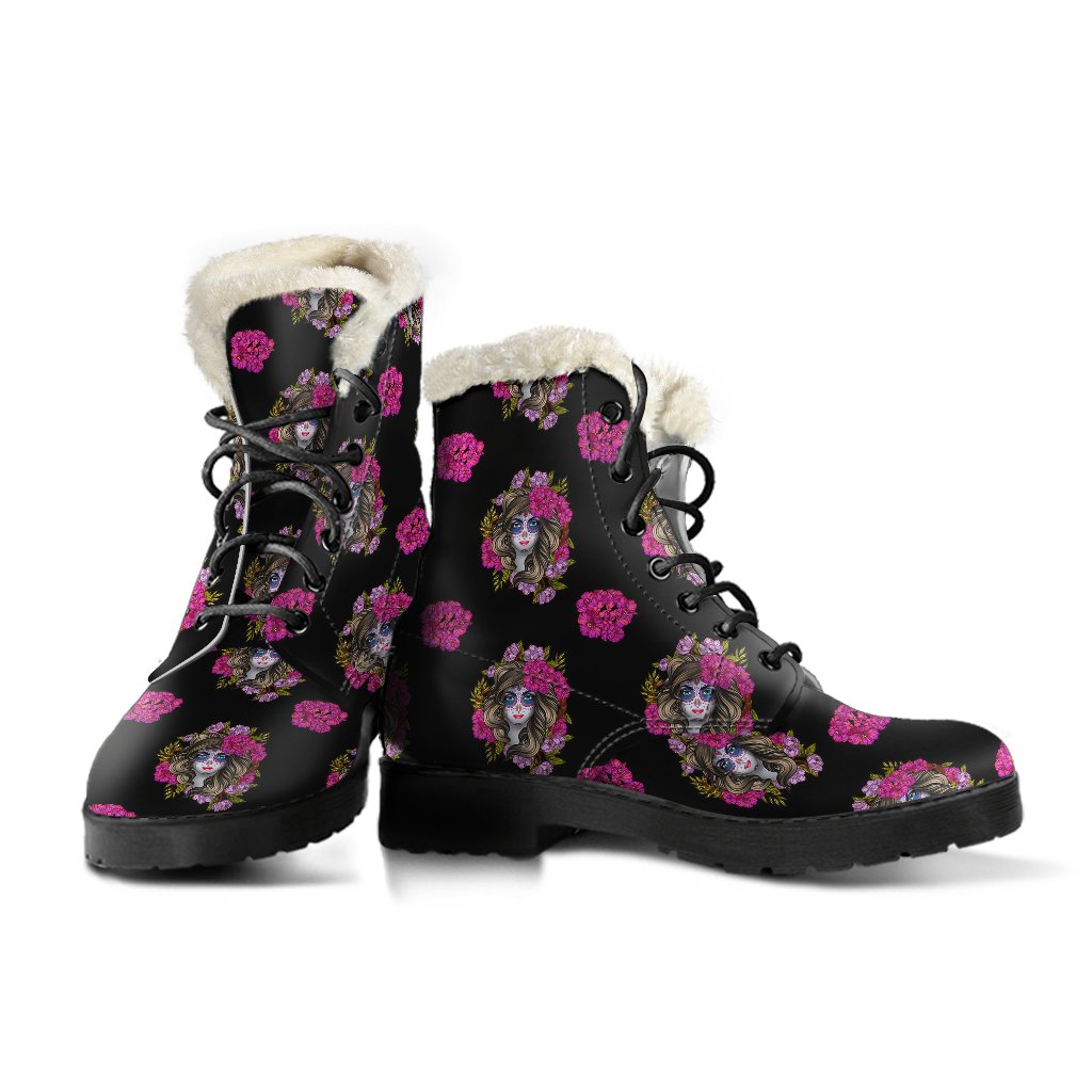 Day of the Dead Makeup Girl Faux Fur Leather Boots-JTAMIGO.COM