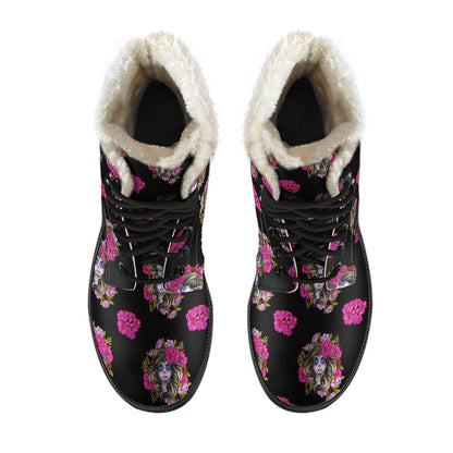 Day of the Dead Makeup Girl Faux Fur Leather Boots-JTAMIGO.COM
