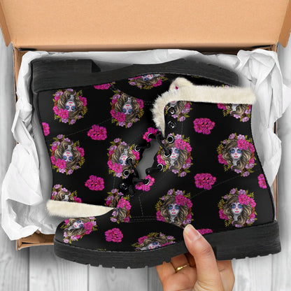Day of the Dead Makeup Girl Faux Fur Leather Boots-JTAMIGO.COM