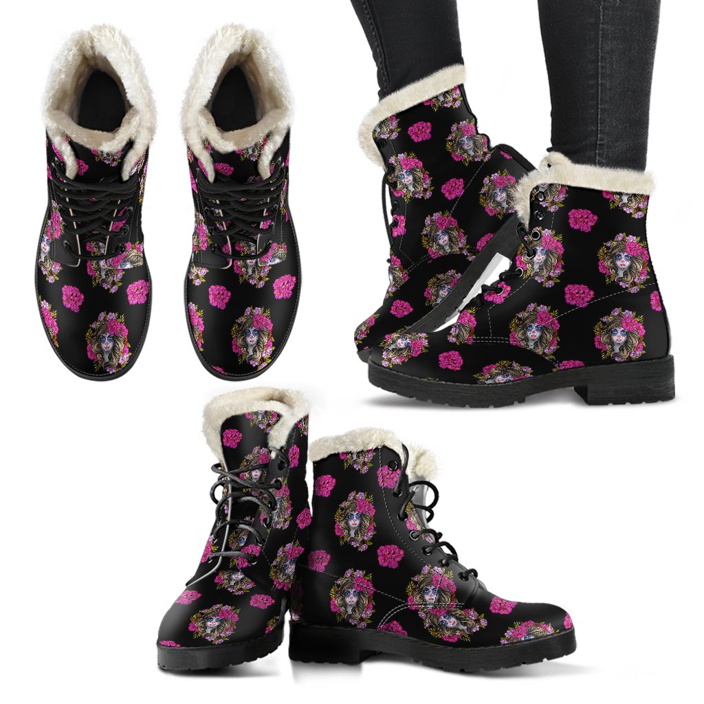 Day of the Dead Makeup Girl Faux Fur Leather Boots-JTAMIGO.COM