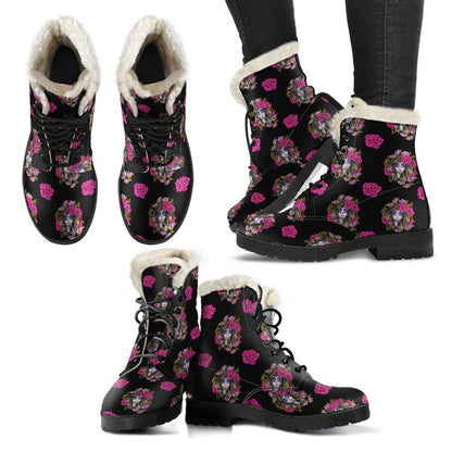 Day of the Dead Makeup Girl Faux Fur Leather Boots-JTAMIGO.COM
