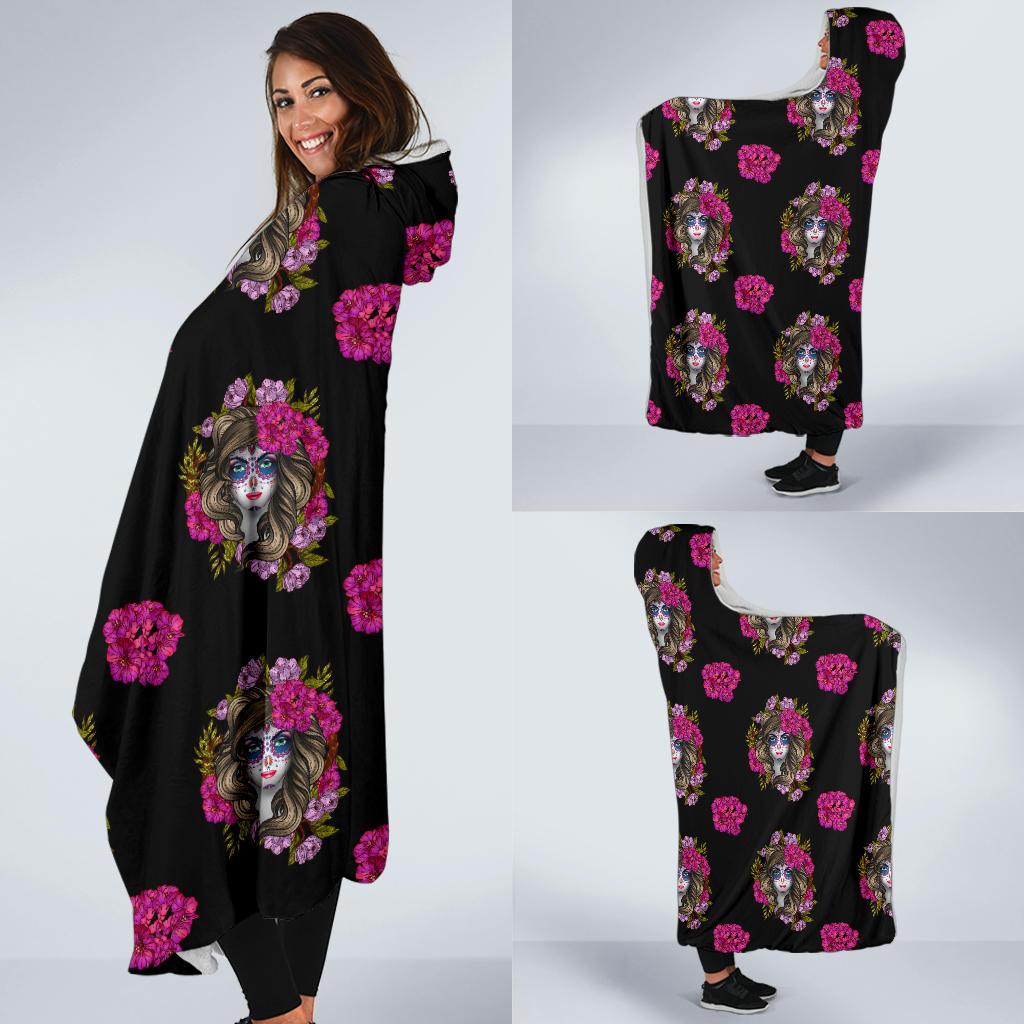 Day of the Dead Makeup Girl Hooded Blanket-JTAMIGO.COM