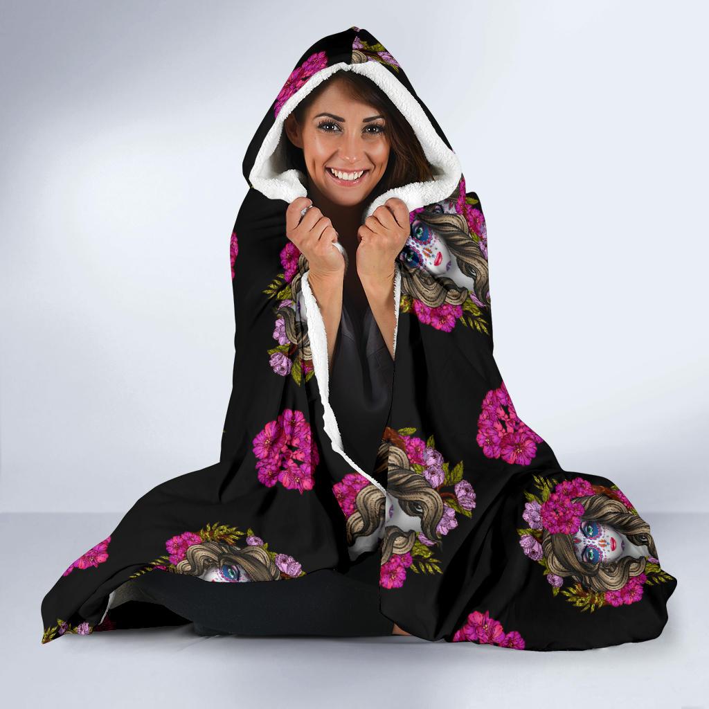 Day of the Dead Makeup Girl Hooded Blanket-JTAMIGO.COM