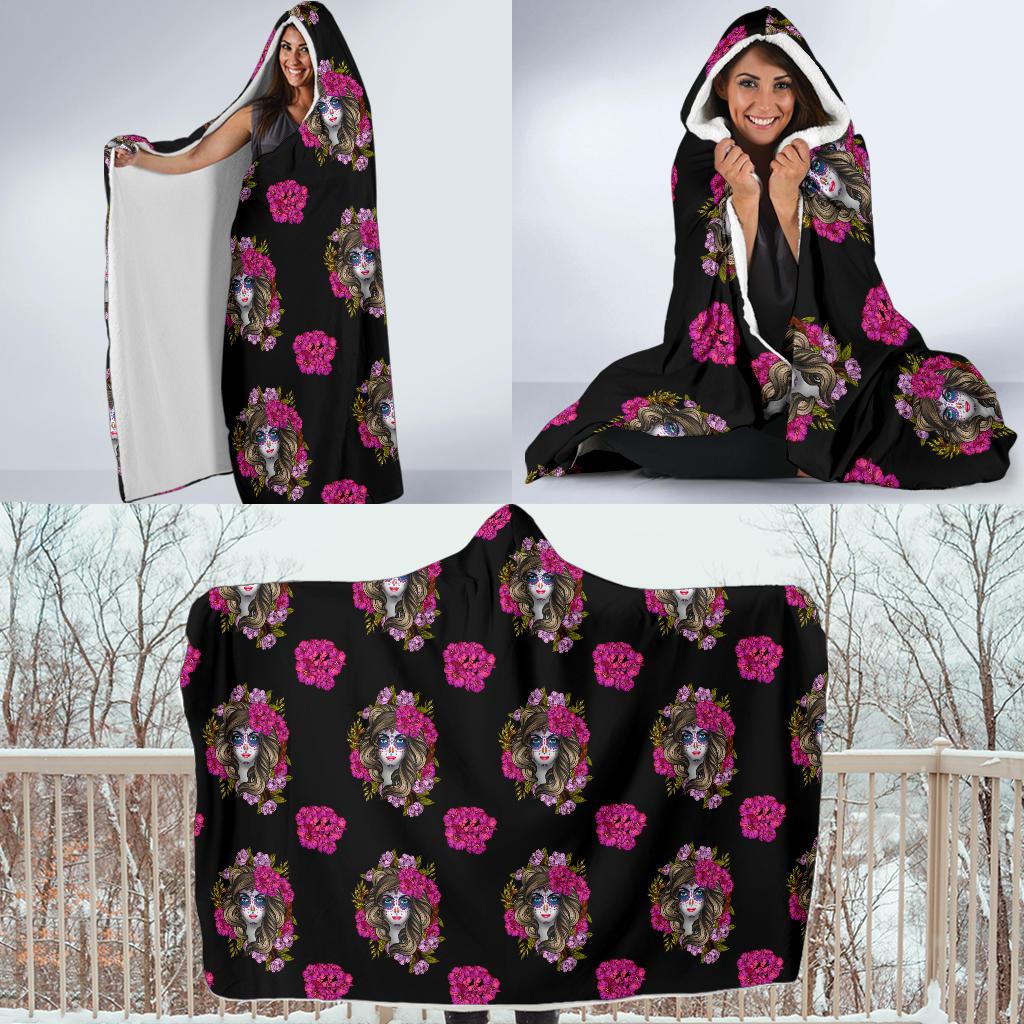 Day of the Dead Makeup Girl Hooded Blanket-JTAMIGO.COM