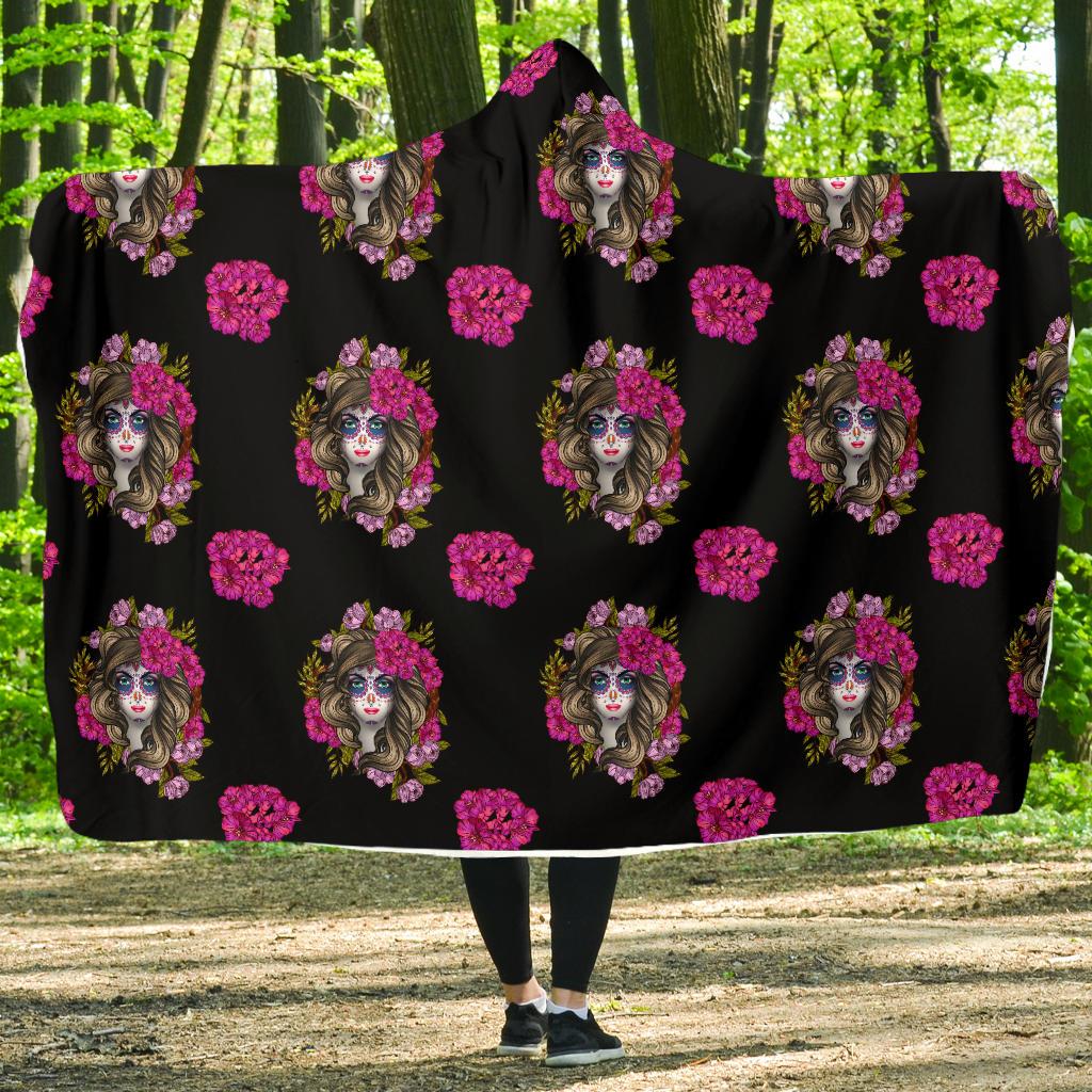 Day of the Dead Makeup Girl Hooded Blanket-JTAMIGO.COM