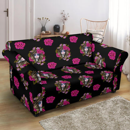 Day of the Dead Makeup Girl Loveseat Slipcover-JTAMIGO.COM