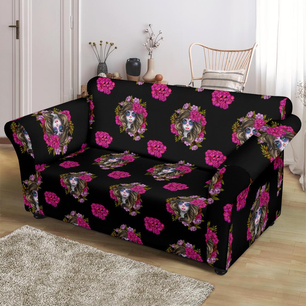 Day of the Dead Makeup Girl Loveseat Slipcover-JTAMIGO.COM