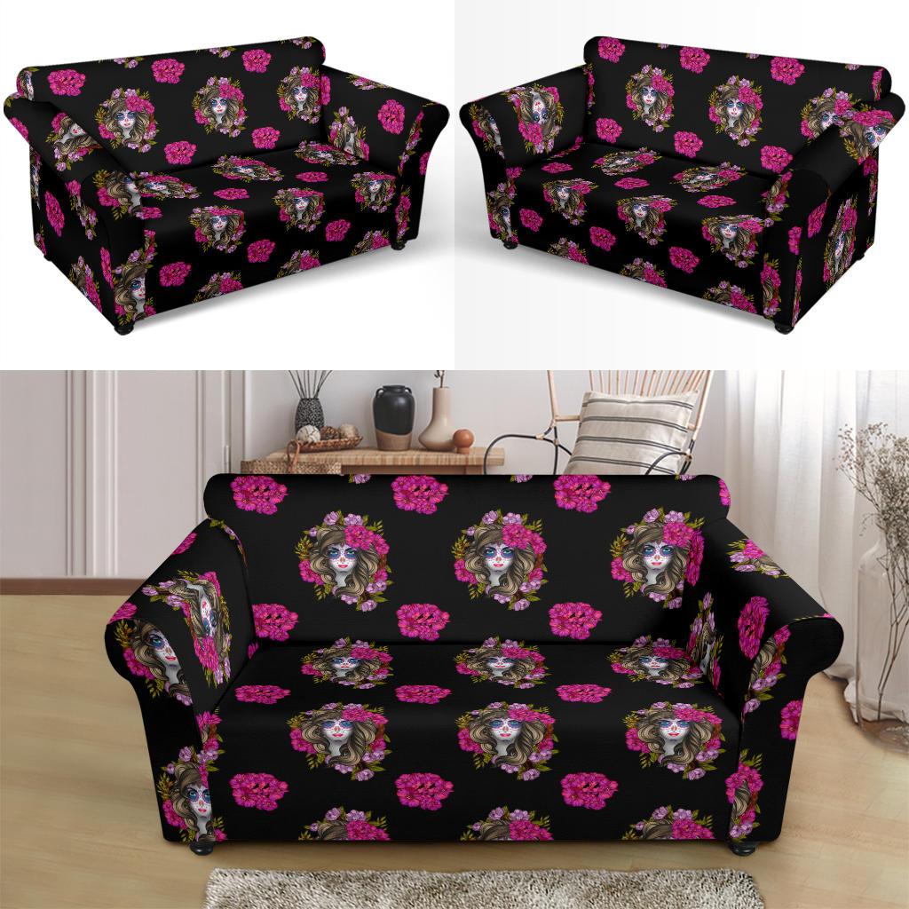 Day of the Dead Makeup Girl Loveseat Slipcover-JTAMIGO.COM