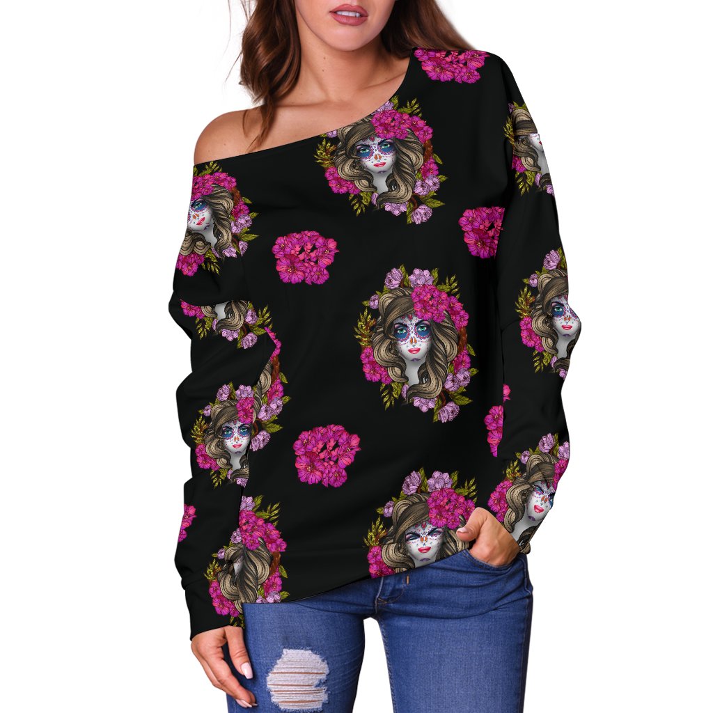 Day of the Dead Makeup Girl Off Shoulder Sweatshirt