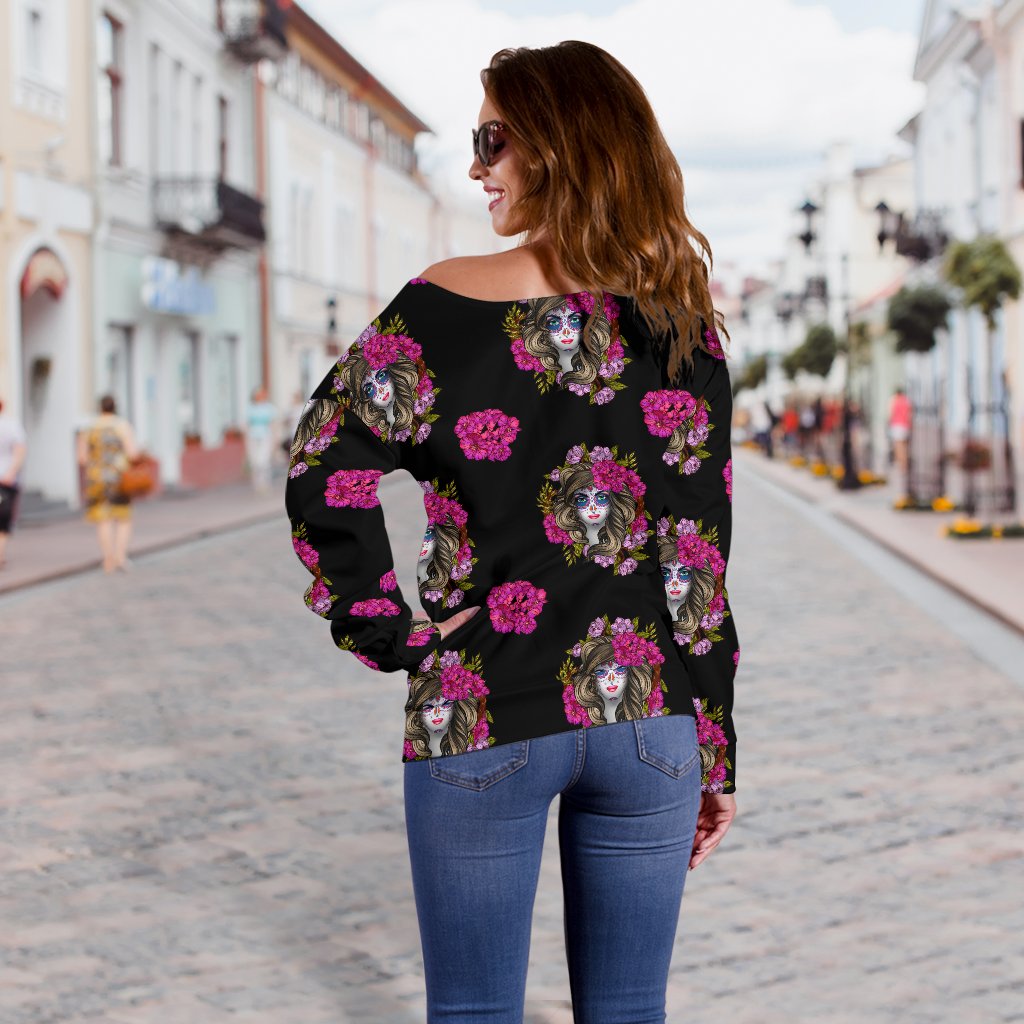 Day of the Dead Makeup Girl Off Shoulder Sweatshirt