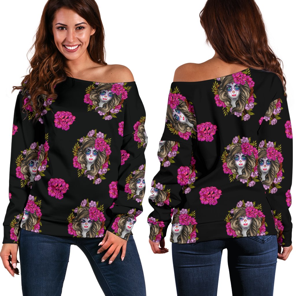 Day of the Dead Makeup Girl Off Shoulder Sweatshirt