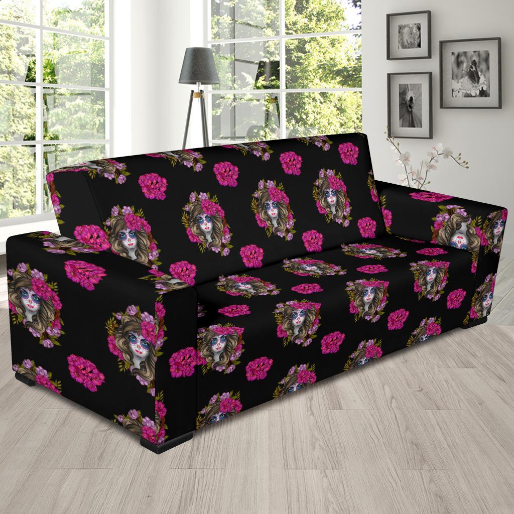 Day of the Dead Makeup Girl Sofa Slipcover-JTAMIGO.COM