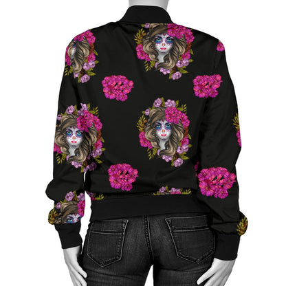 Day of The Dead Makeup Girl Women Casual Bomber Jacket