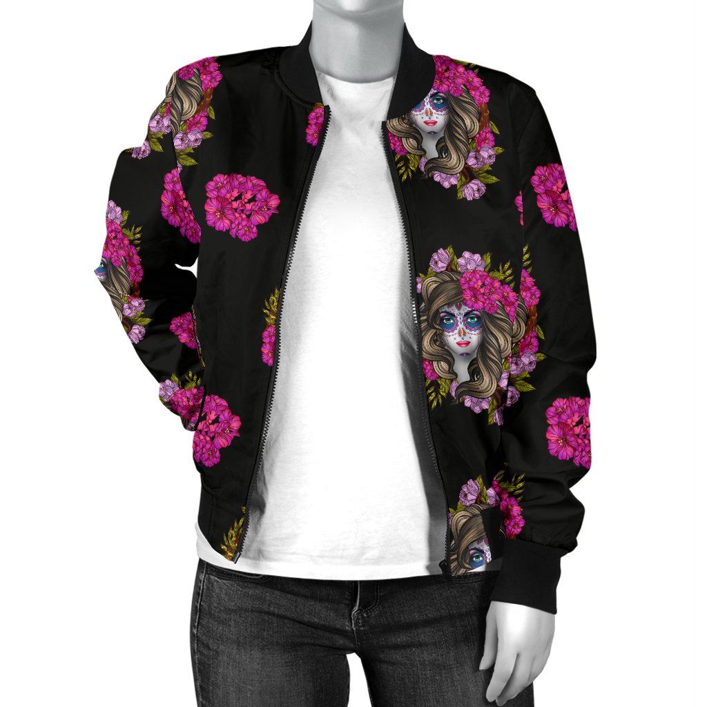 Day of The Dead Makeup Girl Women Casual Bomber Jacket