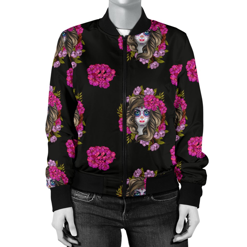 Day of The Dead Makeup Girl Women Casual Bomber Jacket