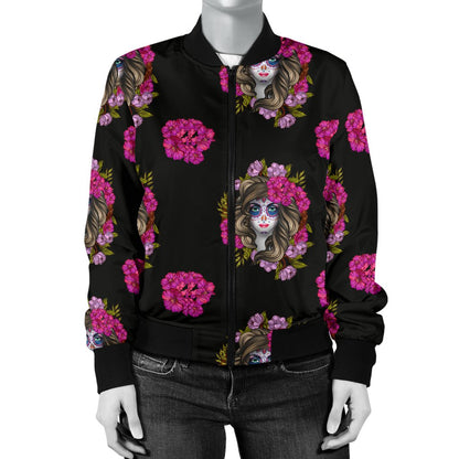 Day of The Dead Makeup Girl Women Casual Bomber Jacket