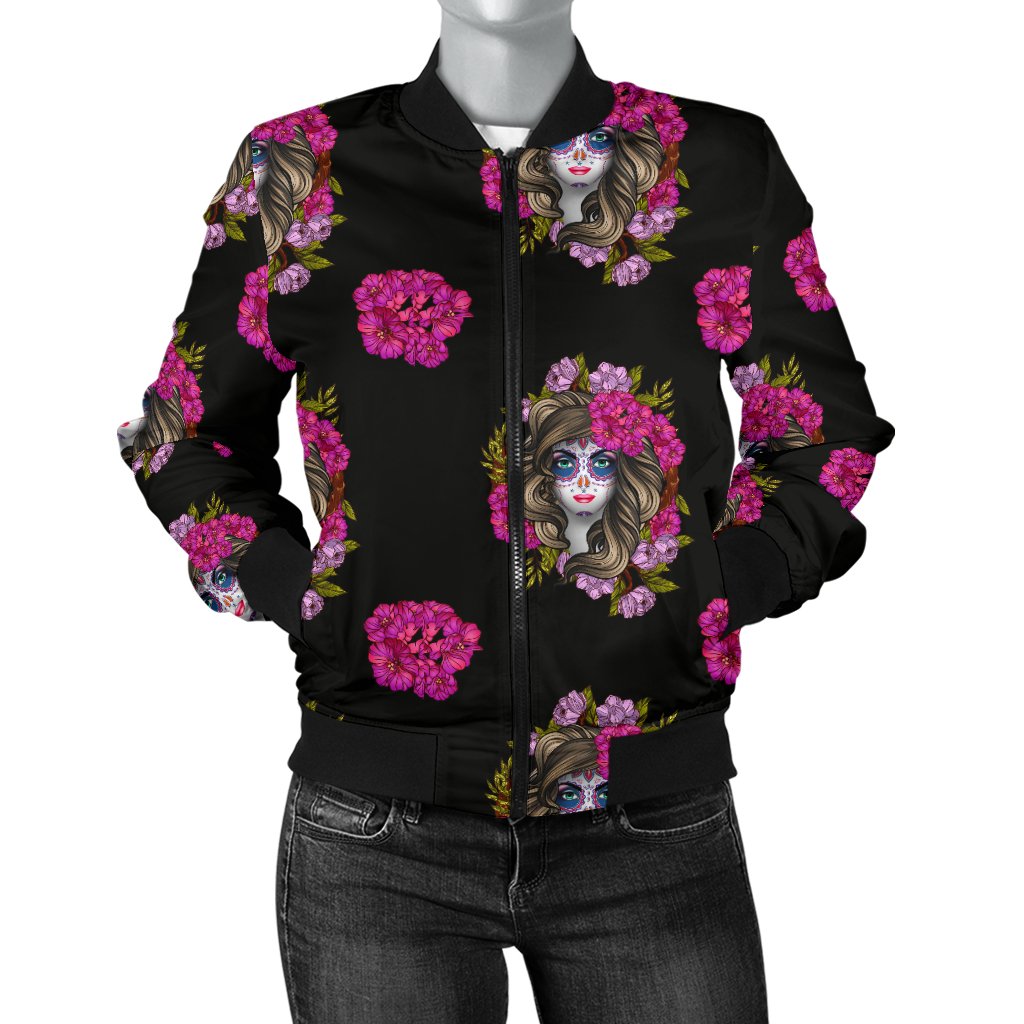 Day of The Dead Makeup Girl Women Casual Bomber Jacket