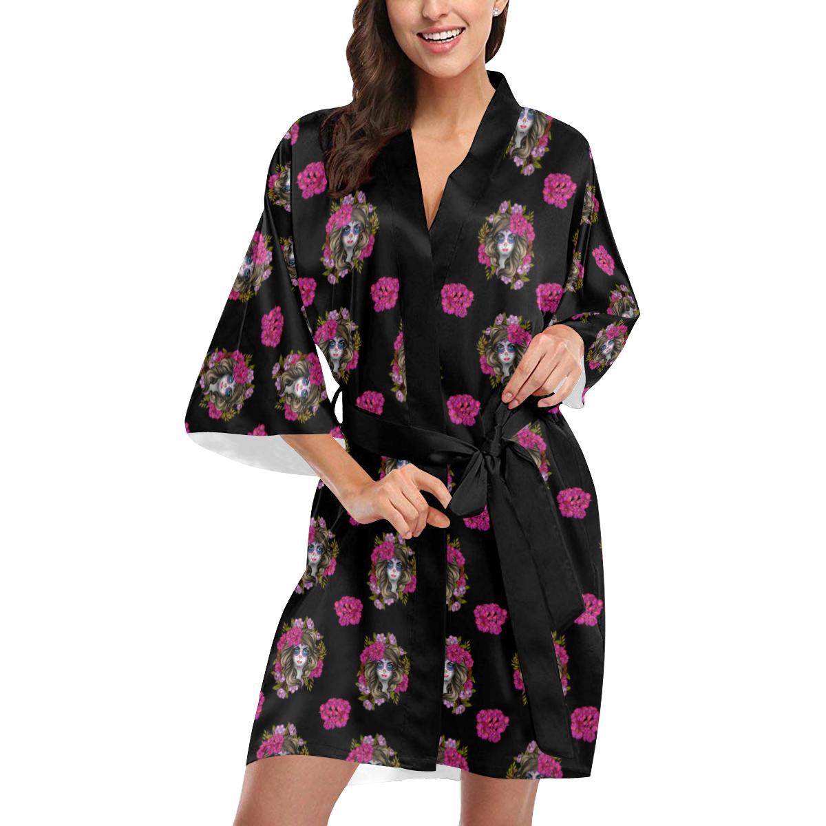 Day of the Dead Makeup Girl Women Short Kimono Robe